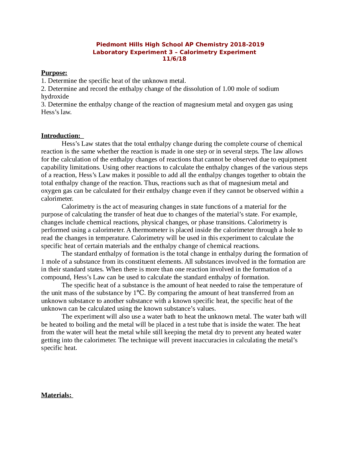 Laboratory Experiment 3 – Calorimetry Experiment